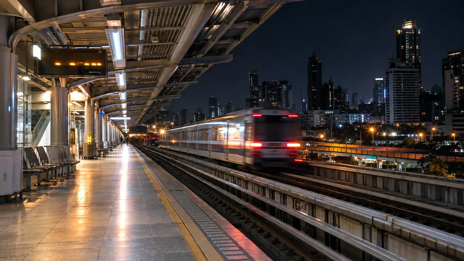 ชานชาลารถไฟฟ้าเที่ยวสุดท้ายหมอชิตยามค่ำคืนที่ไม่มีผู้โดยสาร สื่อถึงช่วงเวลาก่อนปิดระบบ