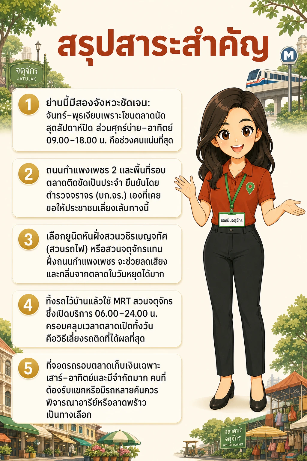 อินโฟกราฟิกสรุปข้อมูล อยู่ใกล้ตลาดนัดจตุจักร: คู่มือรับมือคนแน่น เสียงดัง รถติดวันหยุด