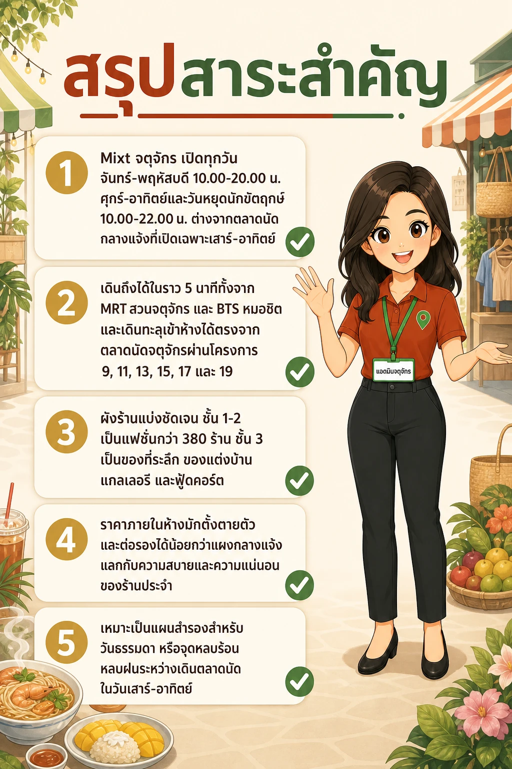 อินโฟกราฟิกสรุปข้อมูล Mixt จตุจักร: ตลาดนัดในห้องแอร์ที่เปิดทุกวัน เดินต่อจาก JJ ได้เลย