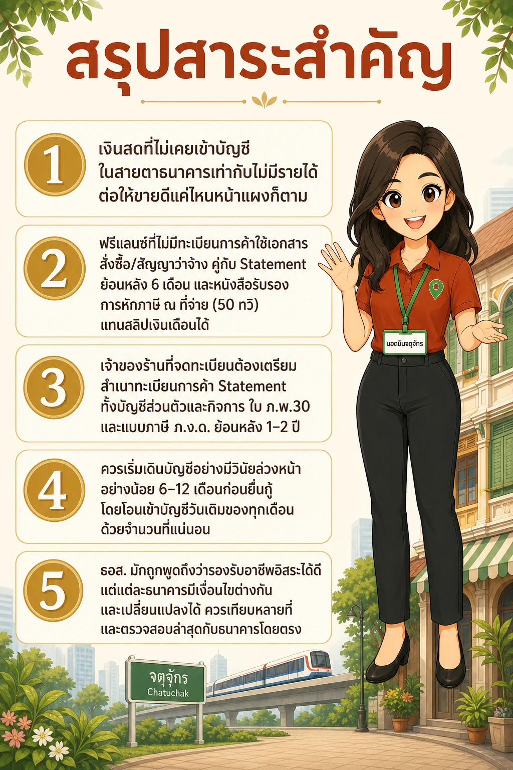 อินโฟกราฟิกสรุปข้อมูล กู้คอนโดฟรีแลนซ์ย่านจตุจักร: เอกสารพิสูจน์รายได้ที่แม่ค้าตลาดนัดต้องมี